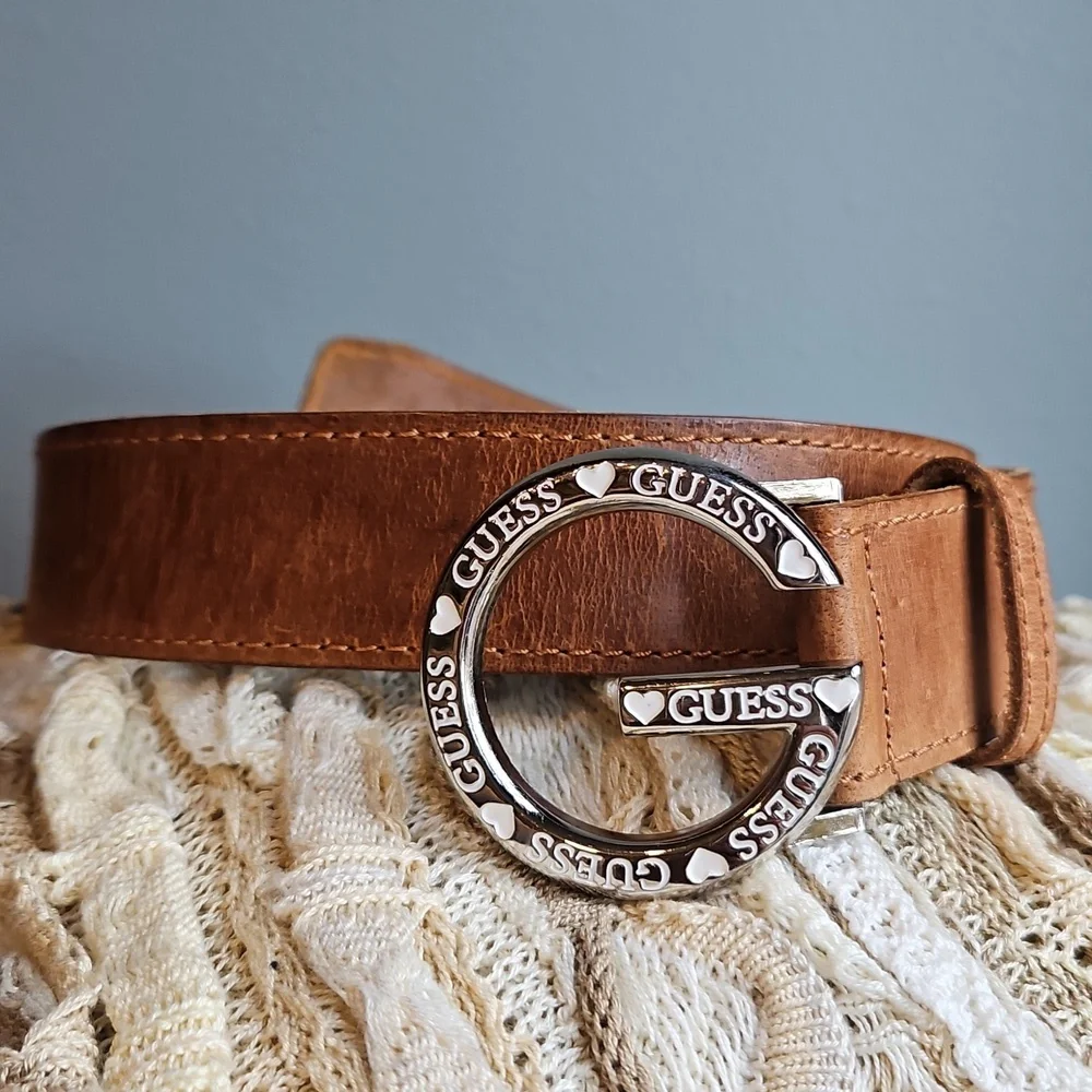 Guess Belt Leather Y2K Silver G Buckle with Hearts Brown Strap Size Sm